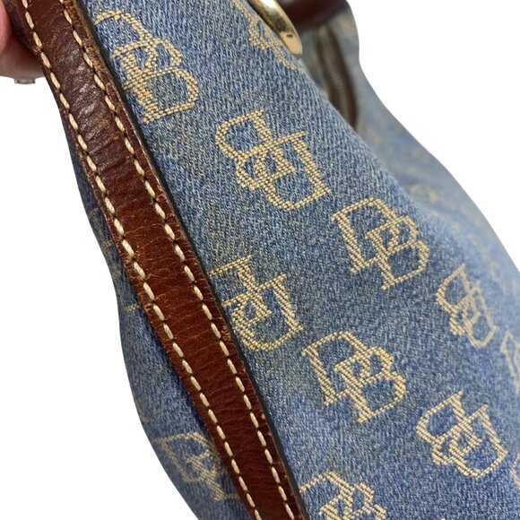 Dooney Bourke Blue Denim Jeans DB Logo Brown Leather Mini Hobo Bag Vintage Y2K - Picture 8 of 16